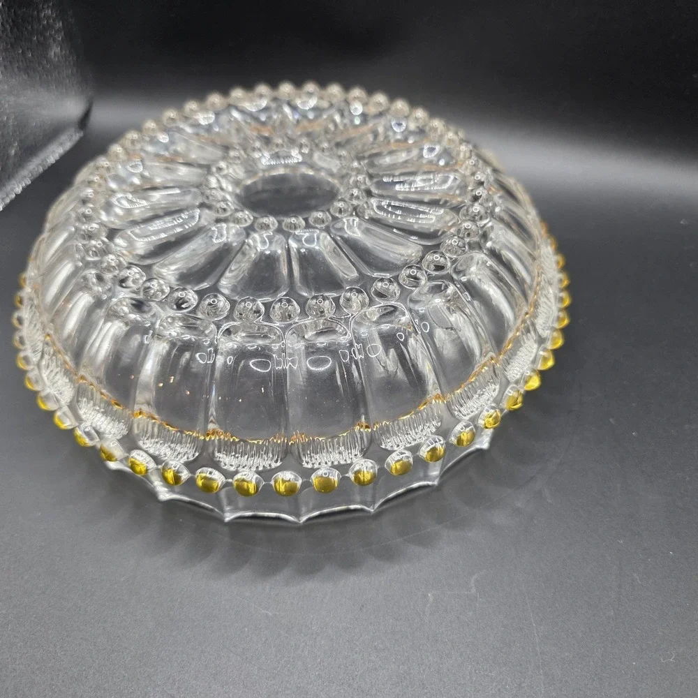 Vintage Pressed Glass Bowl Scalloped Edge Amber Bead Trim Clear Centerpiece 8.5